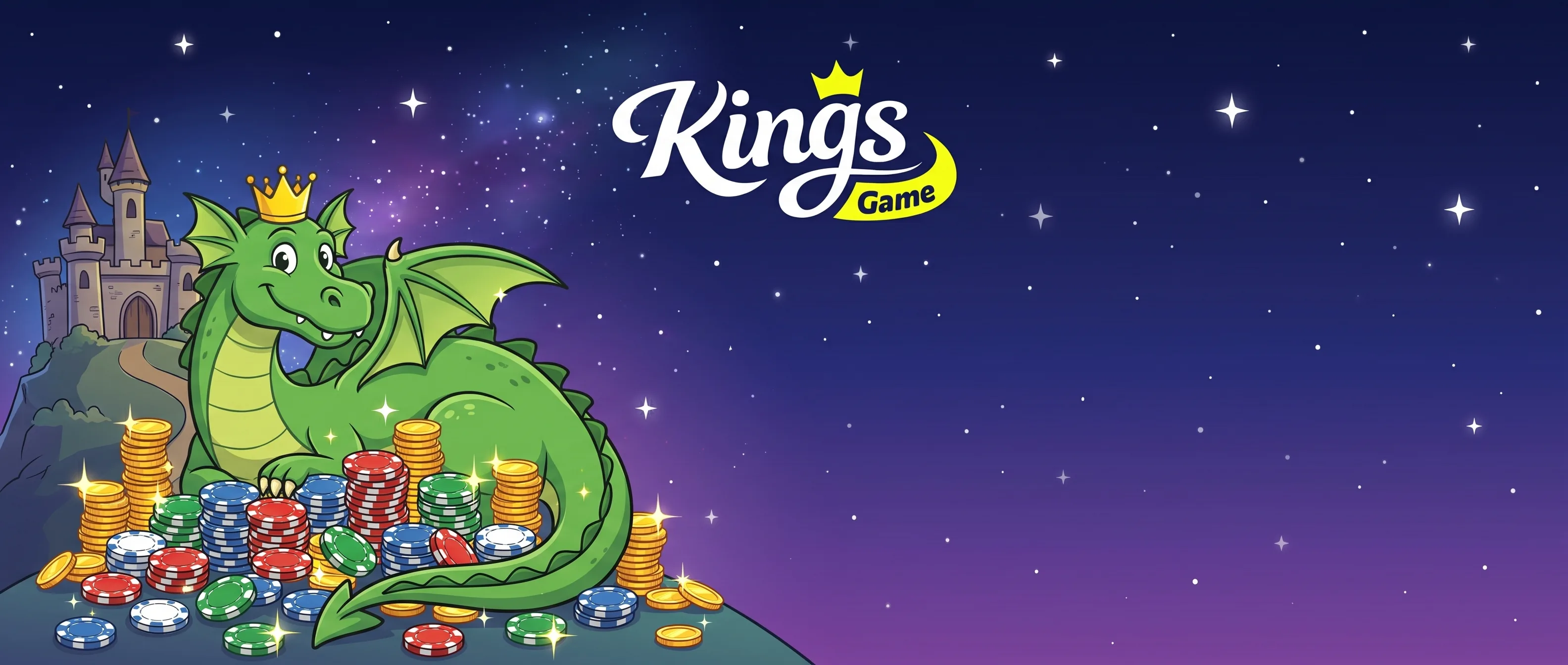Smok wawelski w koronie obok zamku, monet i żetonów Kings Game