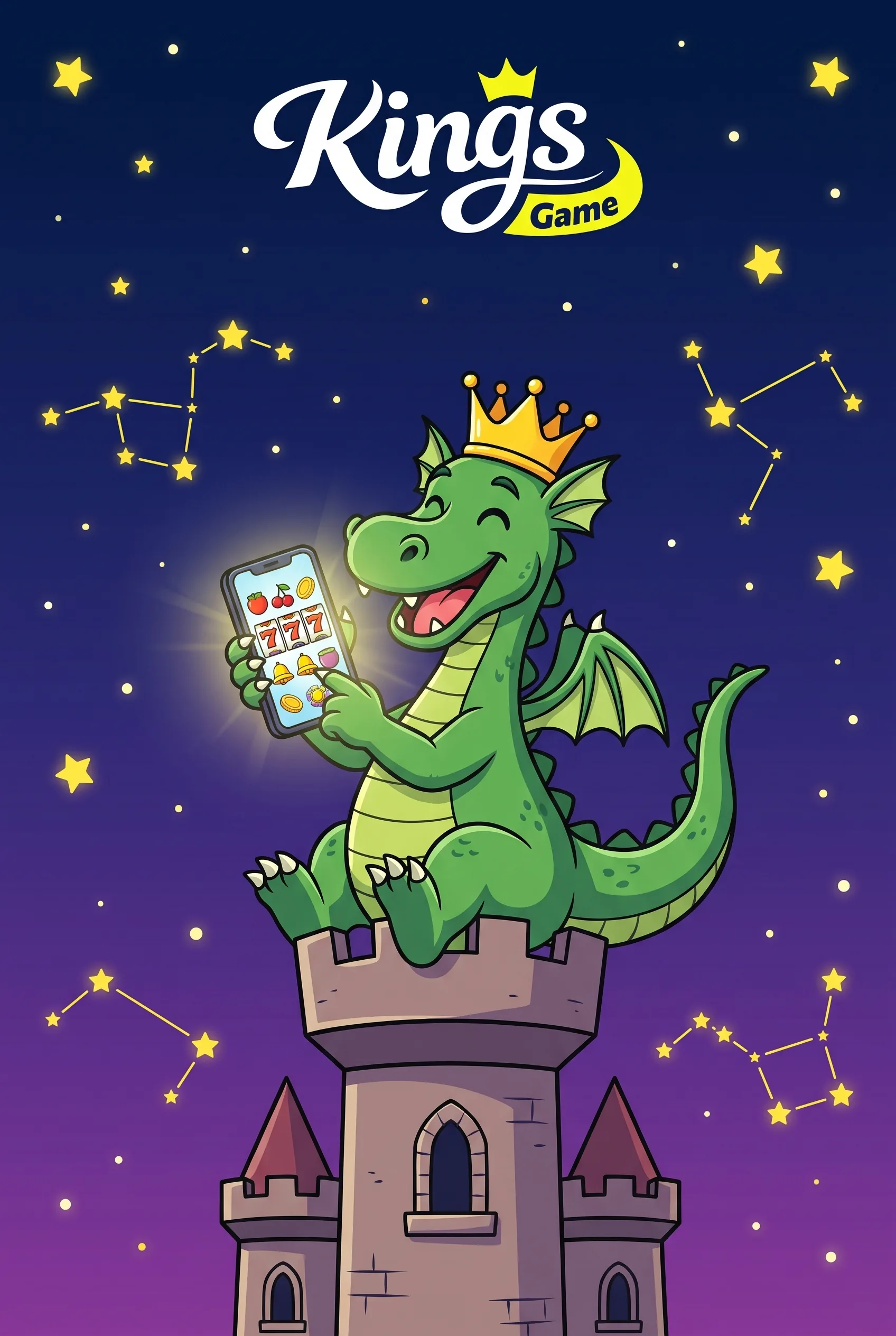 Smok Kings Game ze smartfonem na wieży zamkowej